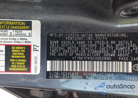 2012 Toyota Camry Xle V6 z USA, uszkodzony, nr VIN 4T1BK1FK9CU002890